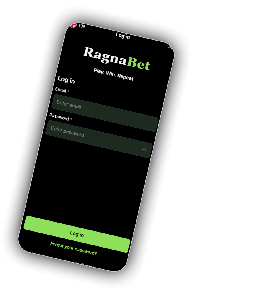 Fenster Log in von RagnaBet auf einem Handy: oben eine britische Flagge mit EN und die Überschrift Log in, das Logo RagnaBet mit dem Spruch Play. Win. Repeat, die Felder Email und Password mit Sternchen und einem Auge im Passwortfeld, unten der grüne Knopf Log in und der Link Forgot your password