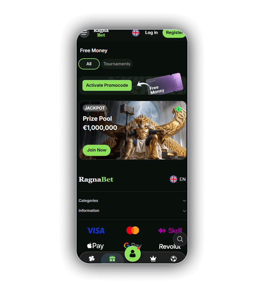 Seite Free Money von RagnaBet auf einem Handy: die Filter All und Tournaments, der grüne Knopf Activate Promocode mit einem Pfeil zu einem violetten Ticket Free Money, darunter die Karte JACKPOT mit Prize Pool 1.000.000 Euro, einer Figur in goldener Rüstung mit Hammer auf einem Thron und dem Knopf Join Now, weiter unten der Footer mit Categories, Information und den Logos Visa, Mastercard, Skrill, Apple Pay, Google Pay und Revolut