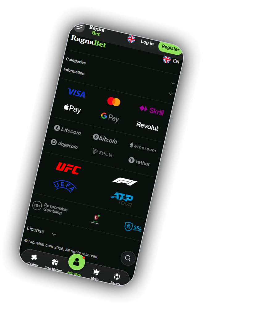 Footer von RagnaBet auf einem Handy: oben das Logo mit Log in und Register, darunter Categories und Information, die Logos Visa, Mastercard, Apple Pay, Google Pay, Skrill, Revolut, Litecoin, Bitcoin, Dogecoin, Ethereum, Tron und Tether, dann UFC, F1, UEFA und ATP Tour, eine Zeile mit 18+ Responsible Gambling, einem Siegel und SSL Secured, das Feld License und die Zeile ragnabet.com 2026