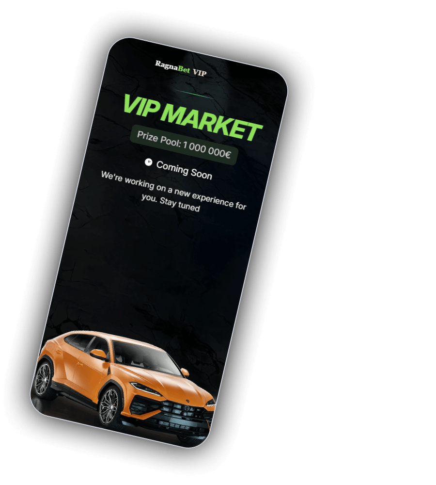 VIP Market von RagnaBet auf einem Handy: oben RagnaBet VIP, der grüne Titel VIP MARKET und ein Feld Prize Pool 1 000 000 Euro, darunter eine schlichte dunkle Fläche und am unteren Rand ein oranger SUV